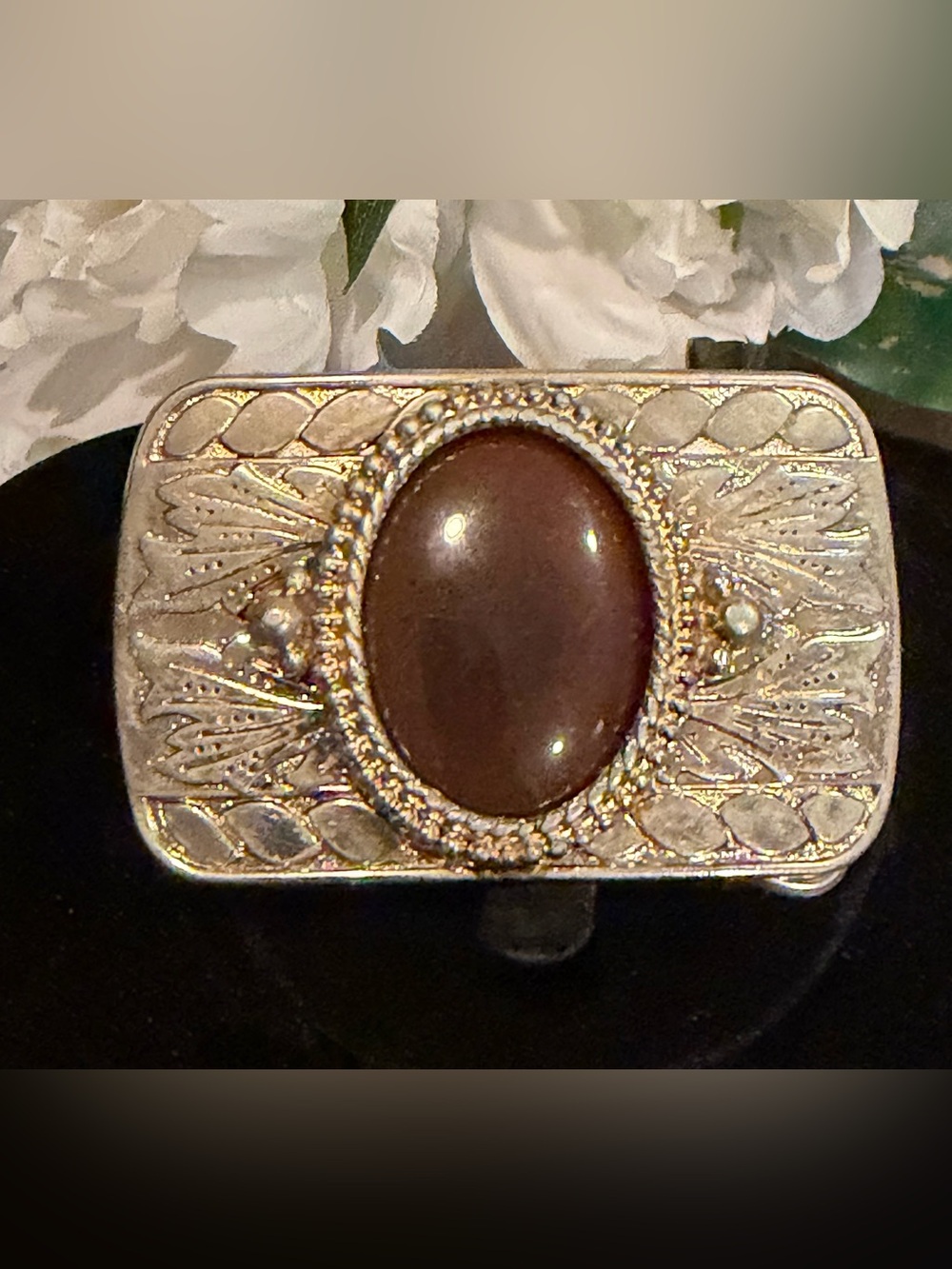 Vintage Two-Tone Western Belt Buckle w/ Brown Carnelian Agate Cabochon